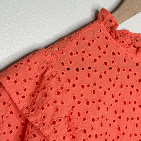 A New Day‎ Womens Blouse XL Orange Coral Eyelet Sheer Light Ruffle Summer Boho - Picture 6 of 11